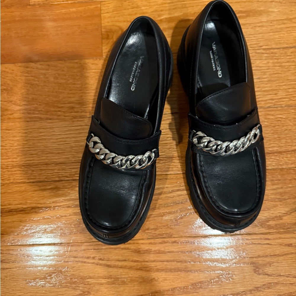 Chunky Black Loafers with Silver Chain Detail